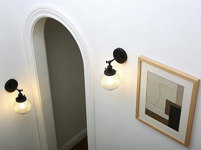 PERMO Vintage Industrial Wall Sconce Matte Black Single Wall Sconces with 5.9" Round Clear Globe Ribbed Glass Shade Hardwired Wall Light for Bedroom Livingroom Office