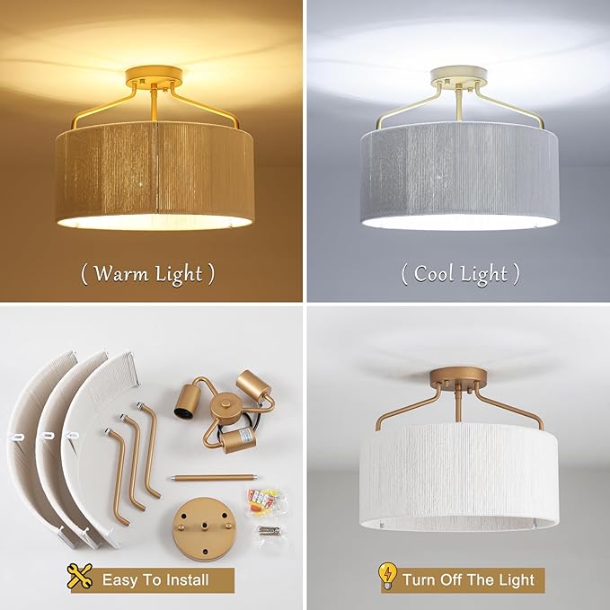 15.75" Gold Semi Flush Mount Ceiling Light Fixture 3-Light Drum Boho Light Fixture with Hand Woven Shade Kitchen Light Fixtures Coastal Chandelier for Bedroom Entryway Foyer Nursery Dining Room