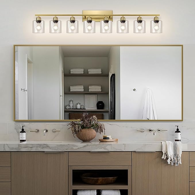 Modern Brushed Gold 8 Light Bathroom Light Fixtures, 52 inch Vanity Lights for Bathroom with Clear Glass, Bathroom Light Fixture for Mirror Kitchen Living Room Hallway Cabinet Porch