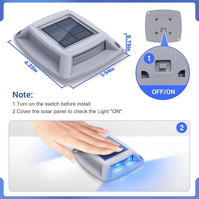Solar Dock Lights Outdoor 6 Pack, IP68 Waterproof Solar Powered Driveway Lights, Driveway Marker Deck Lights for Steps Pathway Walkway Sidewalk Pool Garage Stair Marine (Blue)