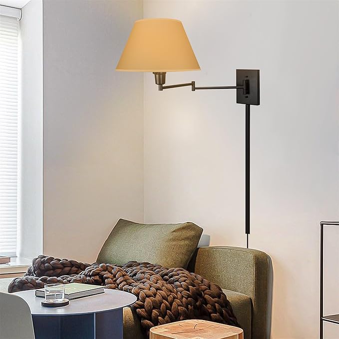 Kira Home Cambridge 15" Modern Swing Arm Wall Sconce with Opaque Empire Paper Shade, 2-in-1 Plug in or Hardwired Wall Lamp with 3-Way Switch, Black Finish