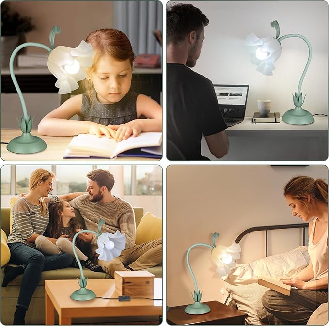 Flower Desk Lamp, LED Reading Light Flower Table Lamp, 3 Colors Flower Lamp for Girls Bedroom, Adjustable Flexible Lamp for Nightstand, Bedside Table Lamps for Bedroom, Living Room, Home Decor (Green)