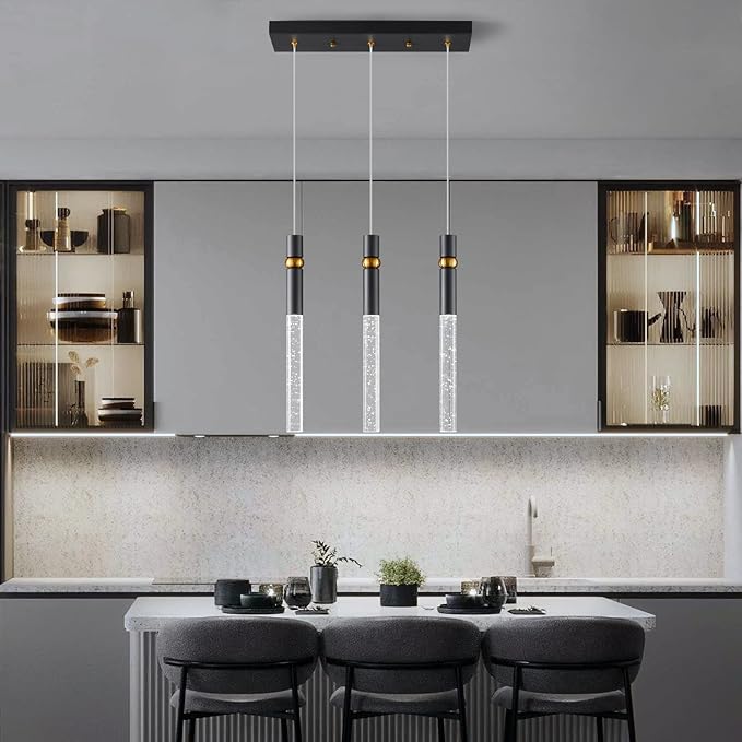 LMQNINE 3 Light Dining Room Light Fixtures Ceiling Dimmable LED Modern Black Kitchen Island Pendant Light with Bubble Crystal Pendant Light for Kitchen Island Bedroom Hallway Entryway (3-Light)