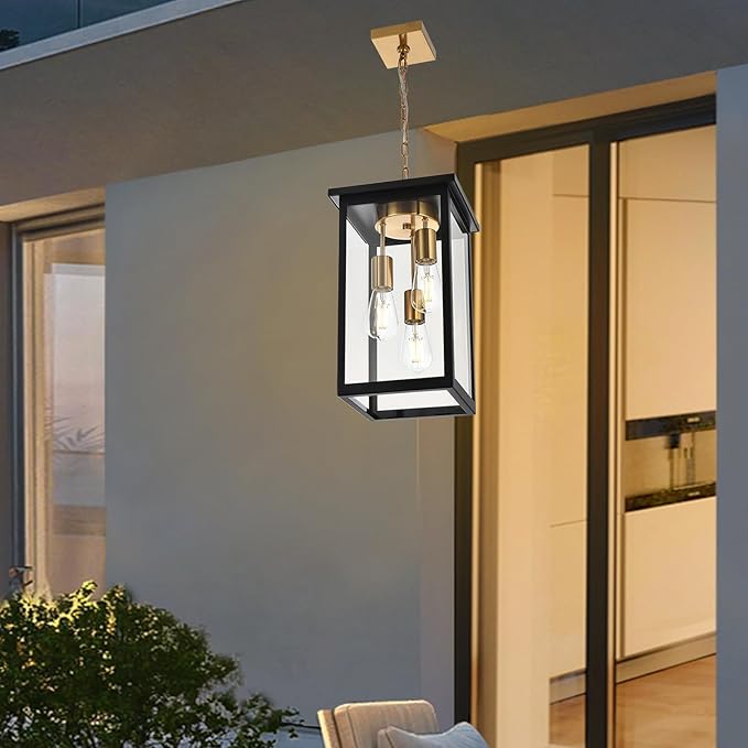 Yaohong Outdoor Pendant Lights for Porch, Modern 3-Lights Exterior Hanging Lights, Exterior Hanging Lantern with Clear Glass and Height Adjustable, Large Outdoor Ceiling Lights for Patio Front Foyer