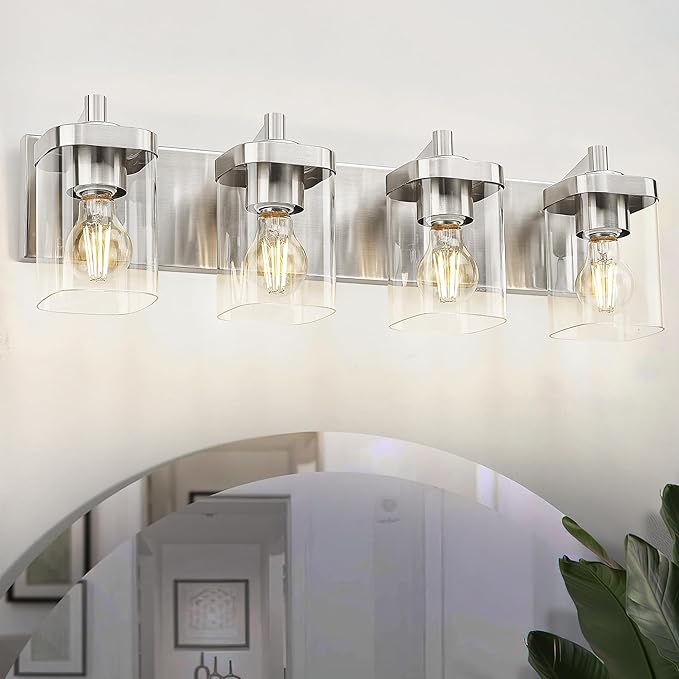 Bathroom Light Fixtures, 4-Light Vanity Light with Square Clear Glass Shade, 25" Brushed Nickel Modern Wall Sconces, Vanity Lighting Fixtures Over Mirror, VL194-BN-4