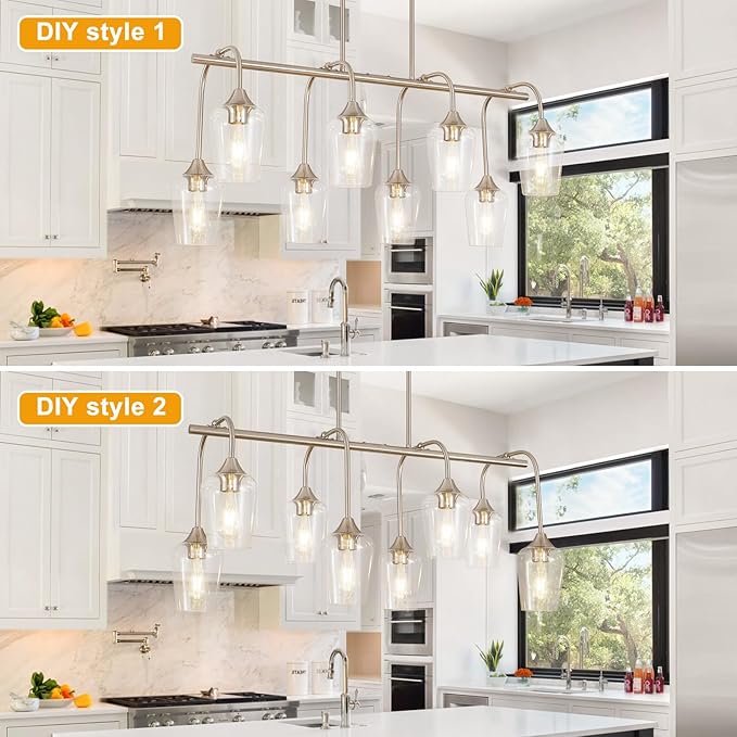 38" Dining Room Light Fixture/Chandelier Over Table, 8-Light Brushed Nickel Kitchen Island Lighting with Clear Glass Shade, Modern Hanging Pendant Lights Fixture for Kitchen Island, Dining Room, Bar