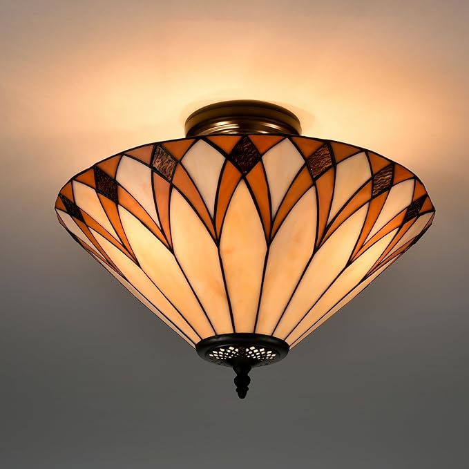 Tiffany Style Semi Flush Mount Ceiling Light 3-Light 16.1-Inch Vintage Stained Glass Ceiling Light Fixture for Bedroom Dining Living Room Foyer Entryway