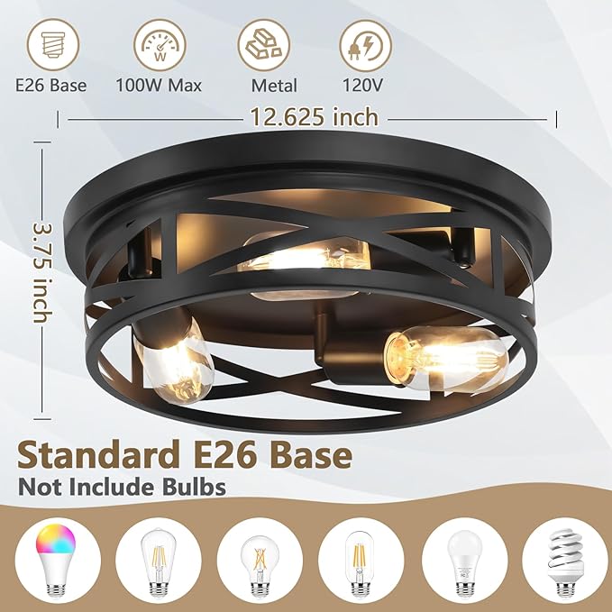 13-Inch Farmhouse Ceiling Light Fixture, 3-Light Flush Mount Light Fixture, Kitchen Lighting Fixtures Ceiling with Adjustable Head, Black Light Fixture for Bedroom Hallway Kitchen Entryway (1-Pack)