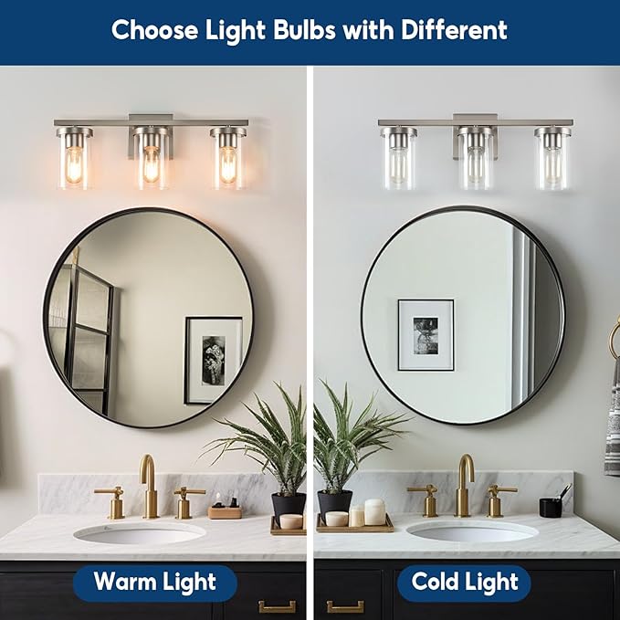 20in Bathroom Light Fixture Over Mirror, 3-Light Nickel Vanity Lights with Clear Glass Shades, Modern Wall Sconces for Living Room, Bedroom, Hallway, E26 Base