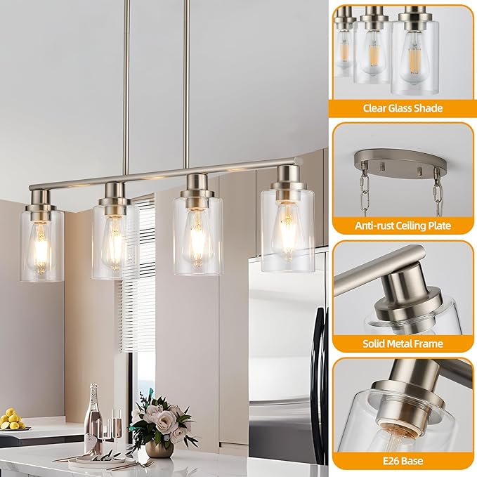 Kitchen Island Lighting, 4-Light Farmhouse Dining Room Light Fixtures Over Table, Linear Chandelier Pendant Lighting for Kitchen Island for Brushed Nickel Finish with Clear Glass Shade