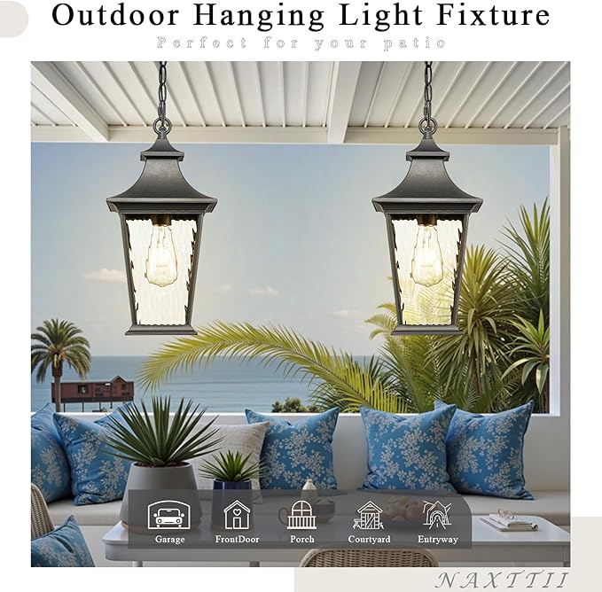 16.4 Inch Black Hanging Porch Lights Outdoor Waterproof Aluminum Outdoor Pendant Light Dusk to Dawn Exterior Hanging Light Fixture for Gazebo E26 Socket