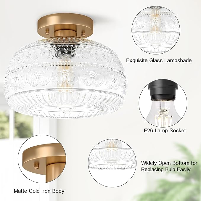 Semi Flush Mount Ceiling Light Fixture, 11" Vintage Gold Hallway Lights Fixture Ceiling with Clear Glass for Kitchen, Hallway, Bathroom and Entry Way,Compatible with E26 Light Bulb