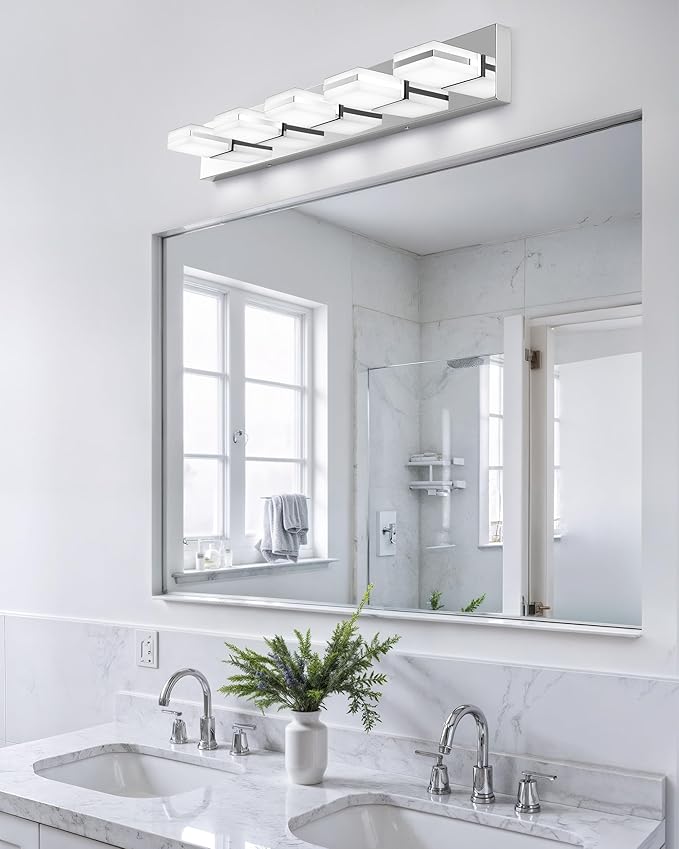 VONLUCE Bathroom Vanity Light Fixture, 5-Light Modern LED Vanity Light, 3CCT Adjustable Bathroom Lights with Memory Function Rotatable Shades, 34" Wall Lighting Fixture Over Mirror, Chrome