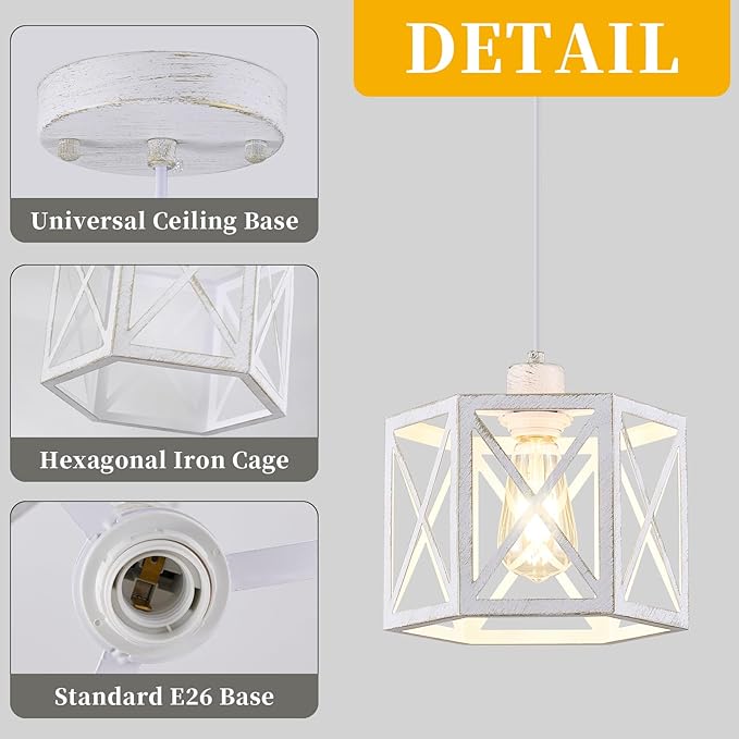 XSDeTu 2 Pack Pendant Lights for Kitchen Island, Modern Pendant Lighting with White Hexagonal Cage, Vintage Metal Ceiling Lights, Adjustable Lantern Hanging Light Fixture for Foyer Entryway Bedroom