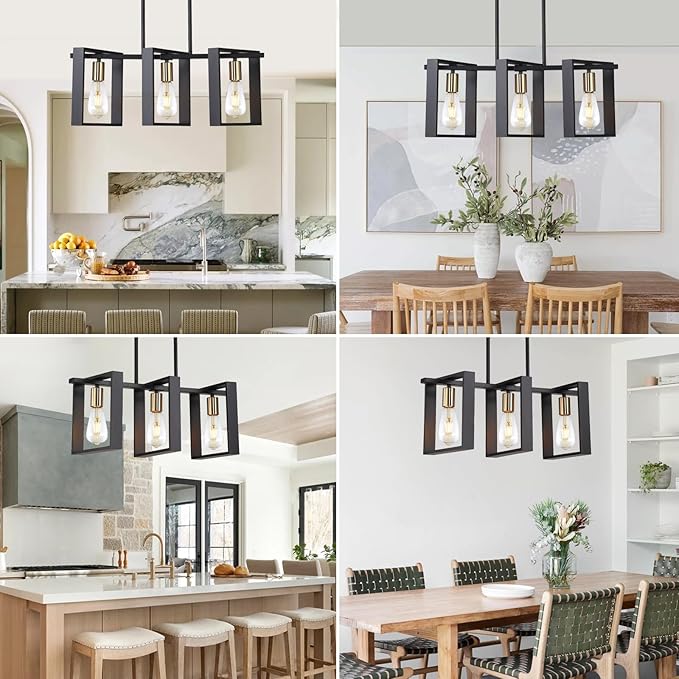 9MMML 3 Lights Kitchen Island Lighting, Modern Rectangle Linear Pendant Light, Black Frame+ Gold Socket Chandelier for Dining &Living Room Foyer Entryway Hallway,E26,Height Adjustable.