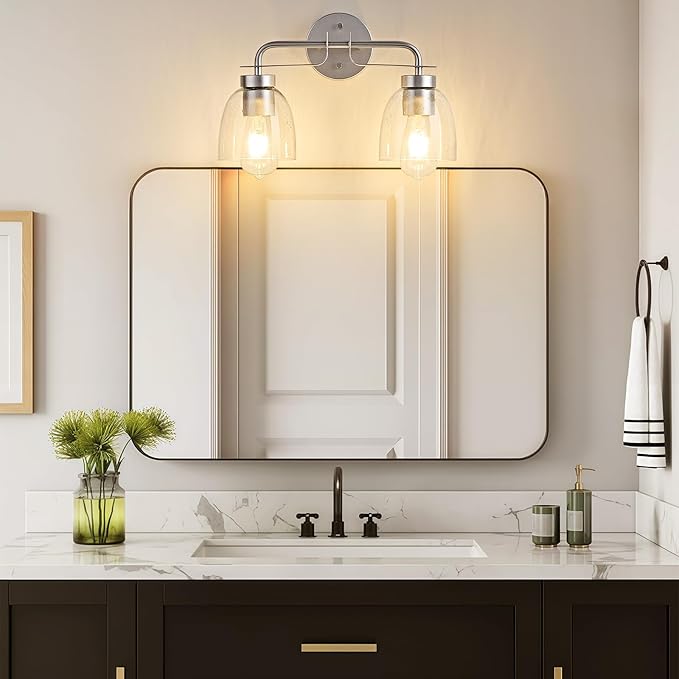 16 Inch Vanity Lights, 2-Light Silver Vintage Industrial Bathroom Light Fixtures with Bell Bubble Glass Shade, Wall Sconce for Bathroom Mirror, Bedroom, Hallway (2 Pack)