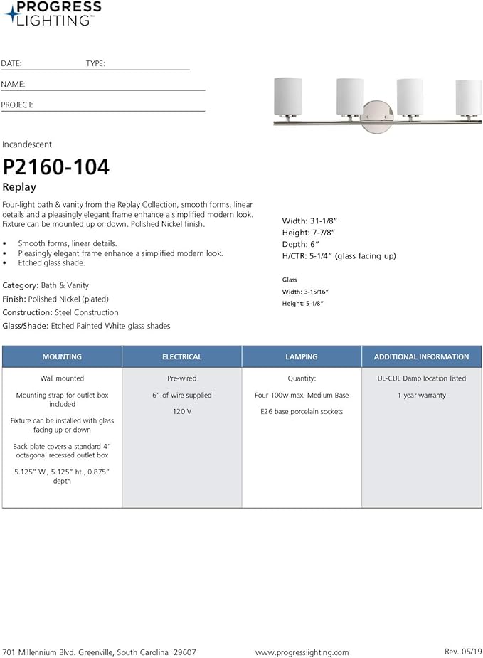 Progress Lighting Replay Collection 4 Light Bathroom Vanity Light, Modern Bath Lighting Fixture with Etched White Glass Shades for Over The Mirror, Reversible Mounting, Polished Nickel