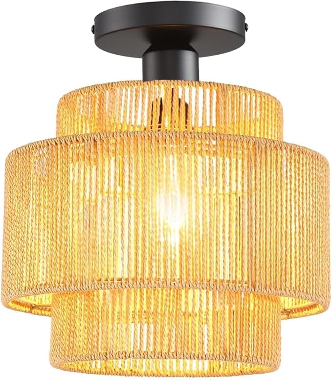 Hand-Woven Rattan Flush Mount Ceiling Light,Farmhouse Light Fixtures Ceiling Mount Boho for Hallway Bedroom Kitchen Entryway Living Room
