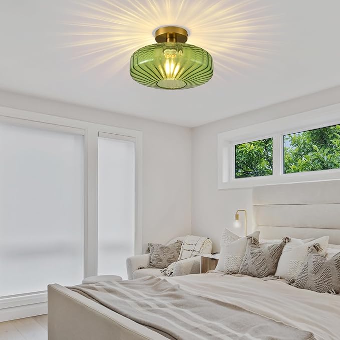 Semi Flush Mount Ceiling Light,11.8 Inch Vintage Green Glass Ceiling Light Fixture,Art Deco Kitchen Lighting Fixtures Ceiling for Hallway Porch Bedroom Bathroom Dining room,E26 Base(Bulb Not Included)