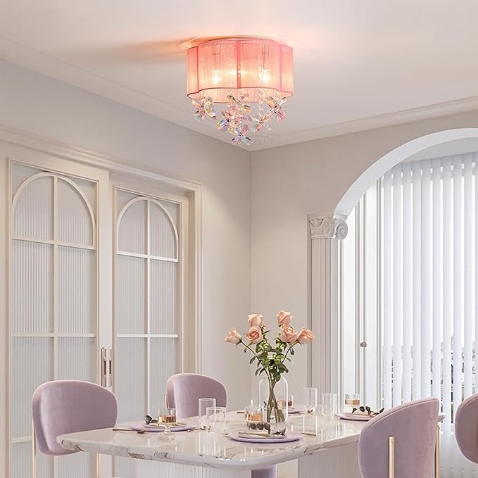3 Light Bedroom Mini Chandelier Ceiling Light Pink Lamp 13" Small Crystal Chandelier Flush Mount Chandeliers with Handmade Flower Lampshade for Girls' Bedroom,Closet,Nursery,Dinning Room Bulb Included