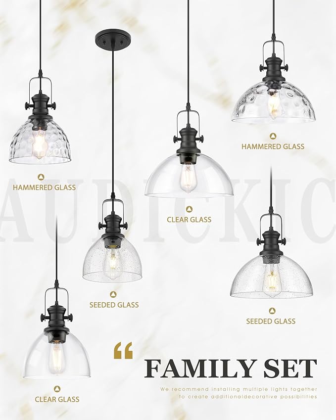 Black Pendant Lights Kitchen Island, 7.5" Farmhouse Pendant Lighting with Clear Glass Shade, Vintage Hanging Light Fixtures for Dining Room Entryway, Adjustable Cord, AD-22151-1P-BK-C
