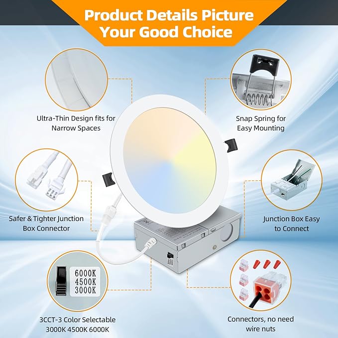 LZHOME 8 Inch LED Recessed Lighting with Junction Box Ultra-Thin, 3000K/4500K/6000K Selectable, 8" Dimmable Canless LED Downlight, 1800LM CRI80 High Brightness 5%-100% Recessed Light (1 Pack)