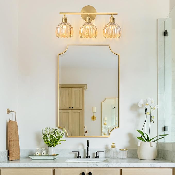 Gold Bathroom Light Fixtures Over Mirror, 3 Light Bathroom Vanity Light Fixture with Tulip Amber Glass Lampshade, Vintage Vanity Lights for Bathroom, Bathroom Vanity Lights Over Mirror