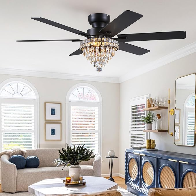 Asyko Chandelier Ceiling Fan -52" Crystal Ceiling Fan- Fandelier Fan Light Black with Remote, Silent Reversible Motor, Dual-Sided 6 Blades, 3 Speed, Timer, Indoor Fan Ceiling