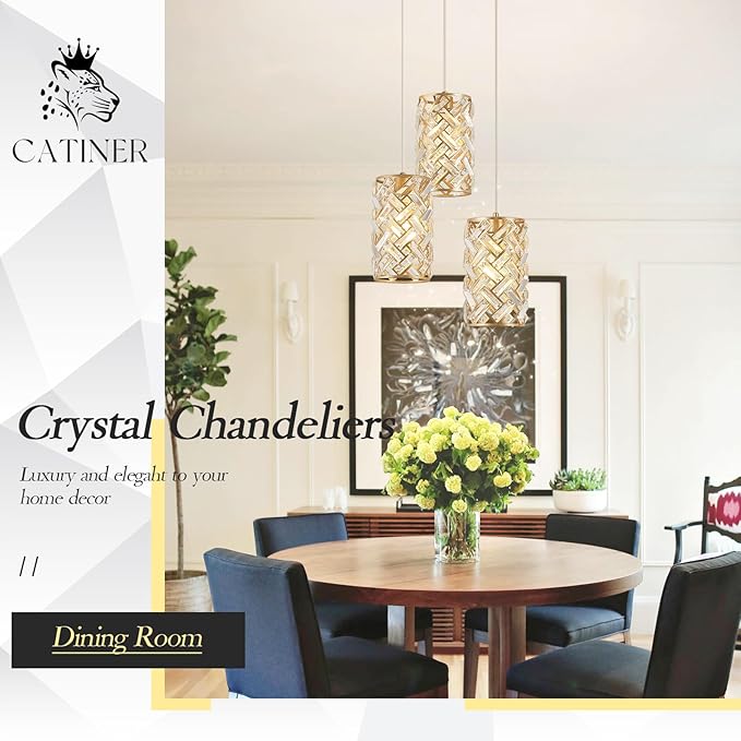 CATINER 3-Light Modern Gold Crystal Pendant Light Luxury Mini Chandelier, Adjustable Cluster Pendant Lighting for Kitchen Island Dinning Room Bedroom Hallway Porch