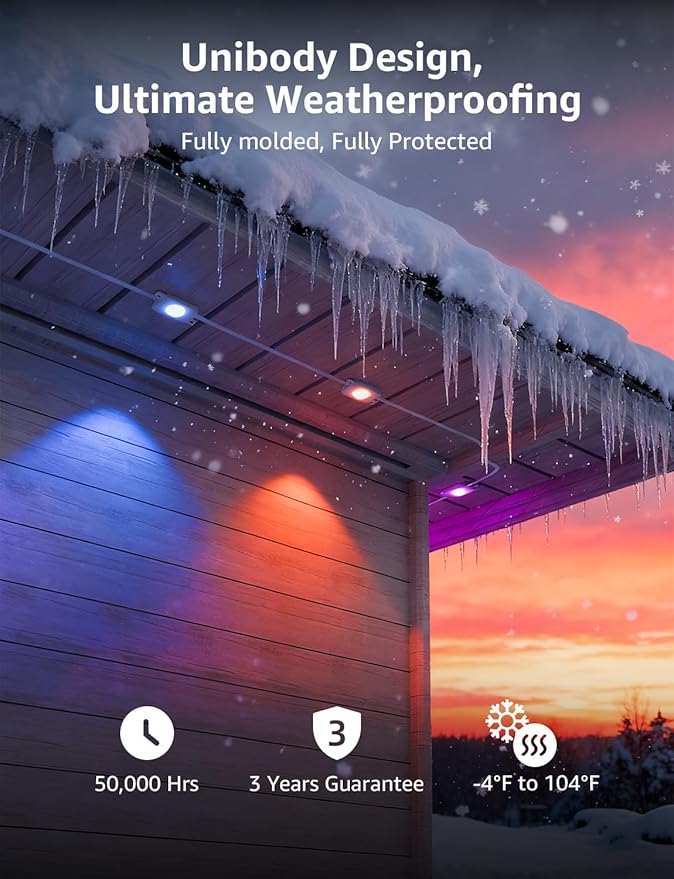 Lepro EE1 AI Permanent Outdoor Lights with Dual-Output, 50ft 30 LED RGB+IC Smart Outside Light for House Christmas Decor,Alexa Google Enabled 2.4 GHz WiFi/Bluetooth, APP Control No Remote Controller