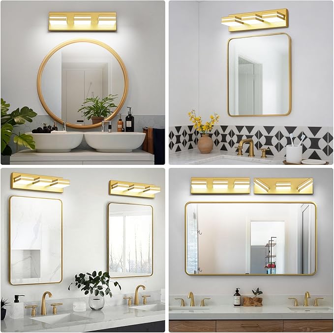 Modern LED Small Bathroom Lights Fixtures 3-Light,Metal Gold Acrylic Wall Lighting,Vanity Lights for Bathroom Over Mirror 6000k 16in