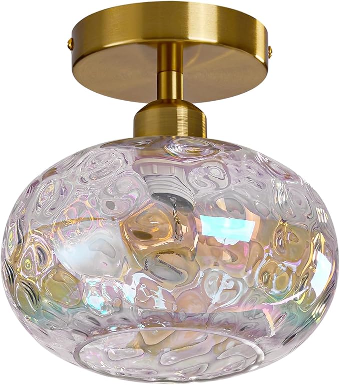 Vintage Glass Flush Mount Ceiling Light - 2 Pack,7.9 Inch Rainbow Hammered Glass Hallway Light fixtures Ceiling, Gold Semi Flush Mount Ceiling Light for entryway Foyer Laundry Room Kitchen