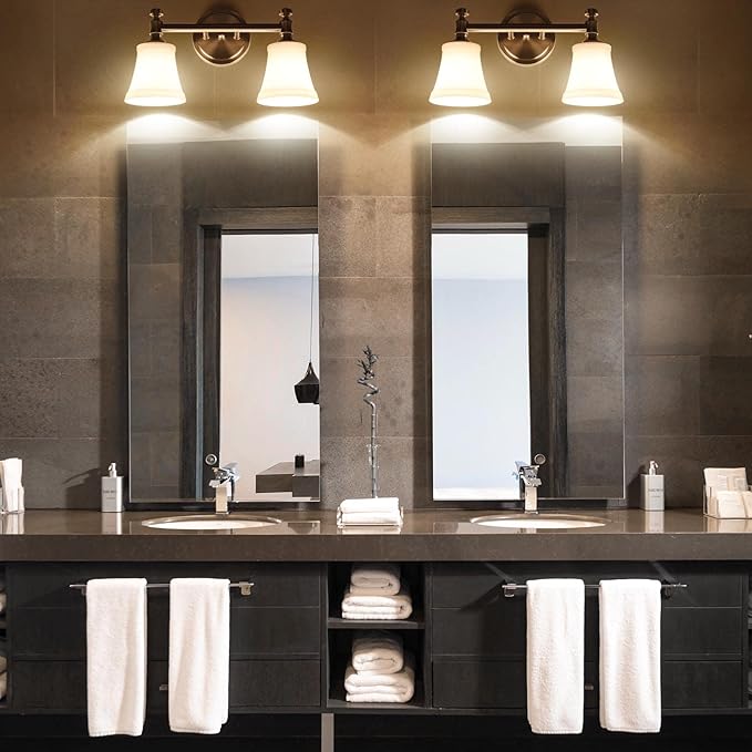 Bathroom Vanity Light Fixtures, Traditional Brushed Nickel 2 Lights Wall Sconce Lighting with Opal Glass Shade, Porch Wall Mount Light Fixture for Bathroom, Mirror Cabinets Hallway Stairs