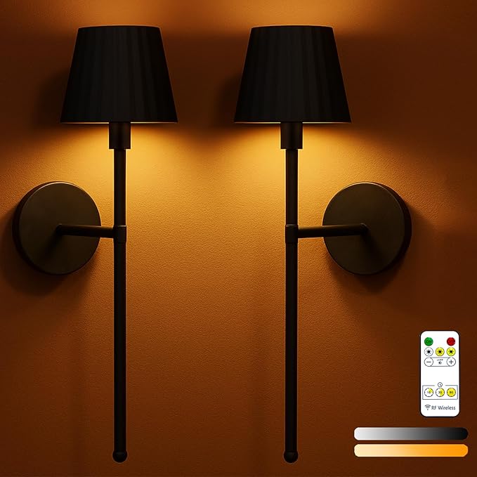 Battery Operated Wall Sconce Set of Two, Rechargeable Wireless Sconces with Dimmable Detachable Magnetic Bulbs and Remote, 3 Colors Wall Lights for Bedroom Living Room Hallway Fireplace