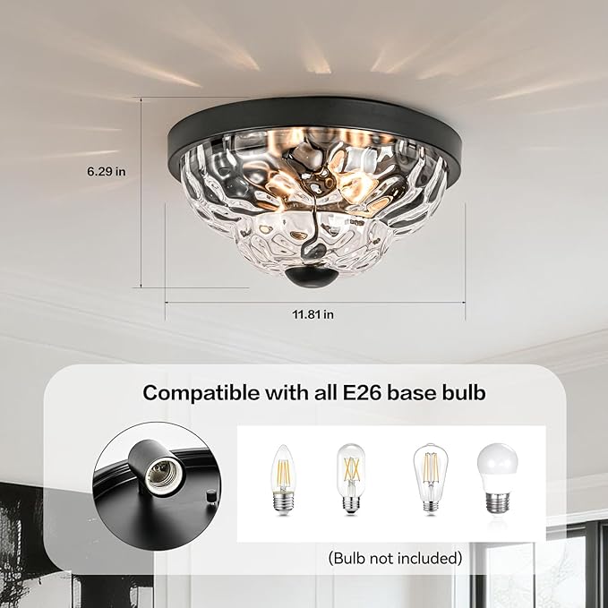 Flush Mount Ceiling Light Fixtures, 2-Light Ceiling Mount for Farmhouse with Seeded Glass Lampshade, Industrial Flush Mount Light Fixture Farmhouse for Hallway, Kitchen, Entryway,Bedroom
