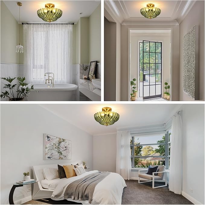 Semi Flush Mount Ceiling Light, 11.8 Inch Gold Vintage Hallway Light Fixture with Green Glass, Close to Ceiling Light for Bedroom Kitchen Living Room Bathroom Foyer, E26 Base
