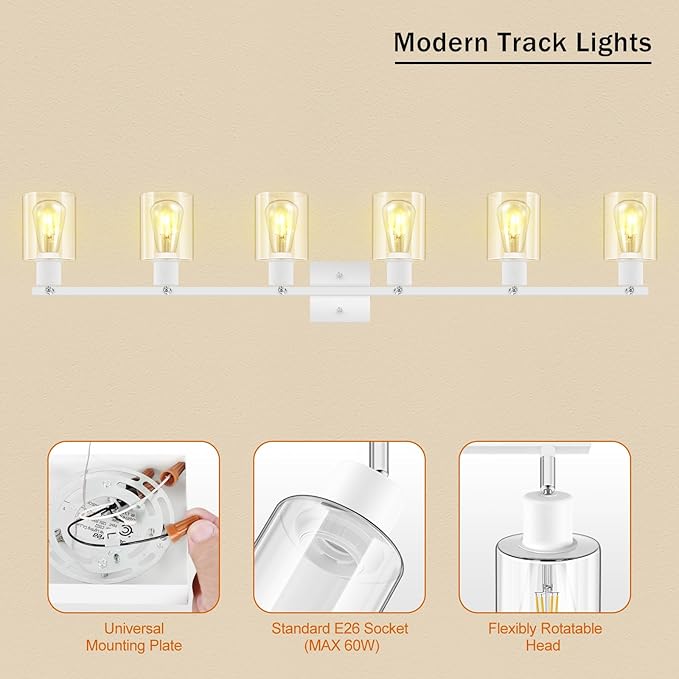 BoostArea White LED 6 Light Track Lighting Kit, 6 Way Ceiling Spot Lighting with Glass Lampshade, Flexibly Rotatable Light Head for Kitchen, Living Room, Bedroom, Bulb Not Included