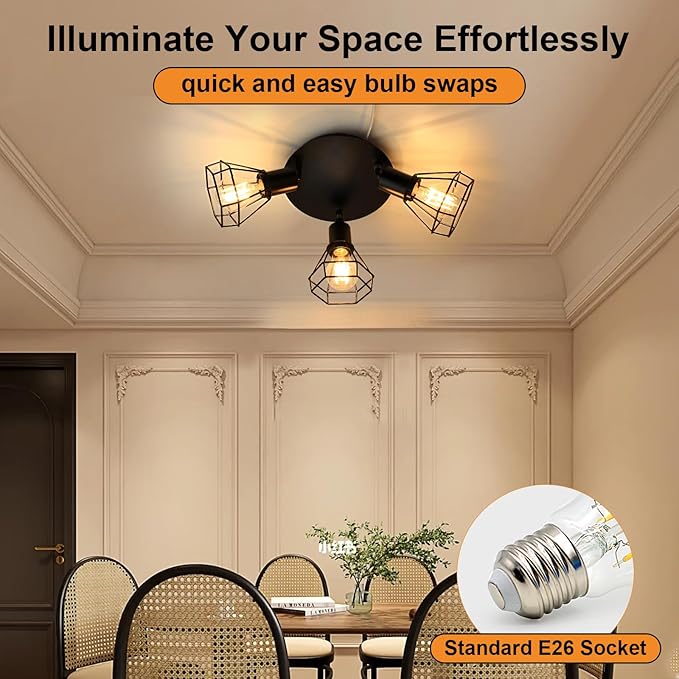 LTBLIGHT 3-Light Track Lighting Fixtures, Rotatable Ceiling Light Kit, Black Metal Wire Cage Lighting Fixtures with Round Plate Spotlights for Kitchen, Bedroom, Hallway, E26 Base, Bulbs Not Included