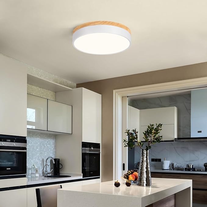 Modern Wood Flush Mount Ceiling Light, White LED 5CCT 2700K-6000K Dimmable Ceiling Light Fixtures, Round Close to Lighting Fixture for Kitchen Entryway Hallway Bedroom Laundry Room-11.8in