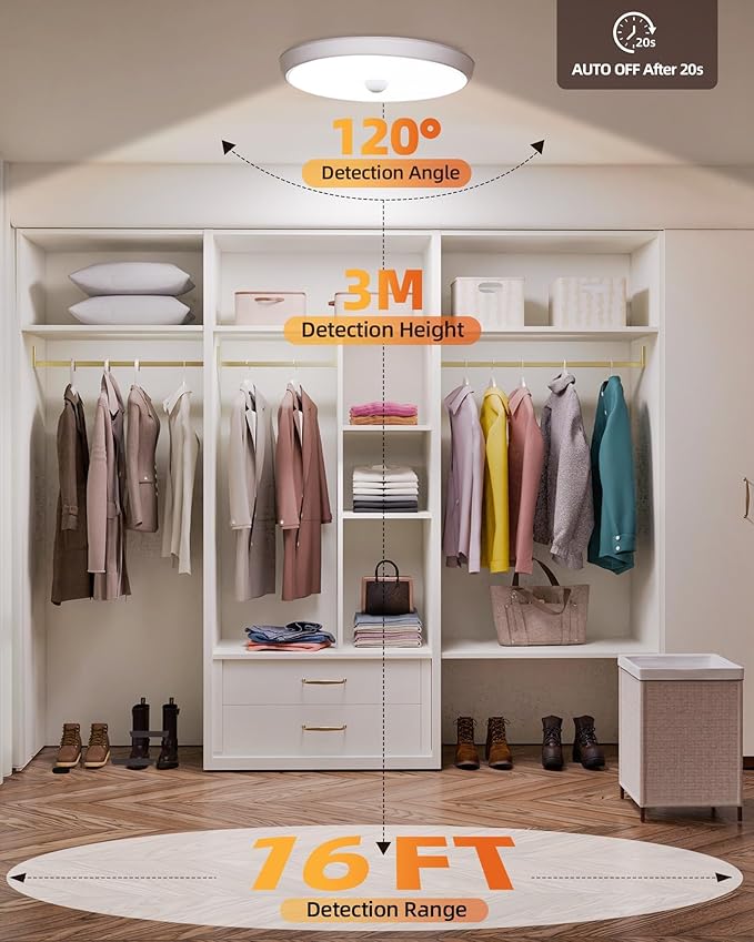 Motion Sensor Light Indoor, 3-Pack, 10000mAh, 7.1inch, 400LM, Remote Control, Dimmable, LED, Flush Mount, Wireless, Rechargeable, Battery Operated, Cordless, Ceiling Light, Closet Light, No Wiring