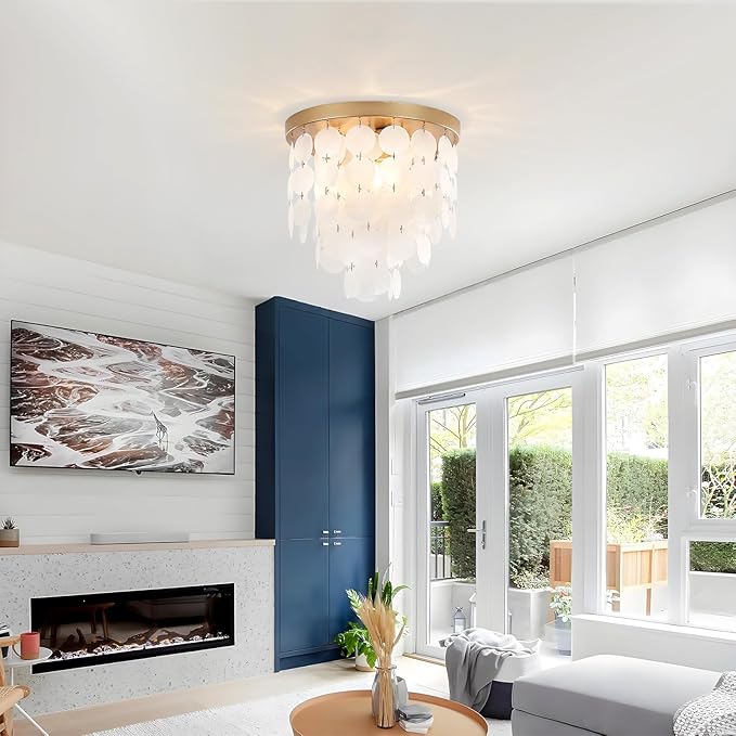 Capiz Shell Flush Mount Ceiling Light Fixture, 11.8" Gold Modern Chandelier for Bedroom, Living Room, Bathroom, Kitchen, Dining Room, Hallway, Entryway, Nursery, Closet Dimmable Coastal Lighting