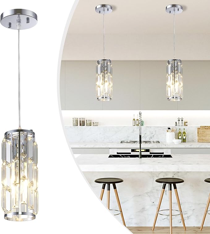 Pendant Lights Kitchen Island Modern Chrome Pendant Light Fixtures, Island Pendant Lights for Kitchen, mini pendant lights Crystal, Adjustable Hanging Lights Fixture for Dinning Room (Chrome 2-Pack)