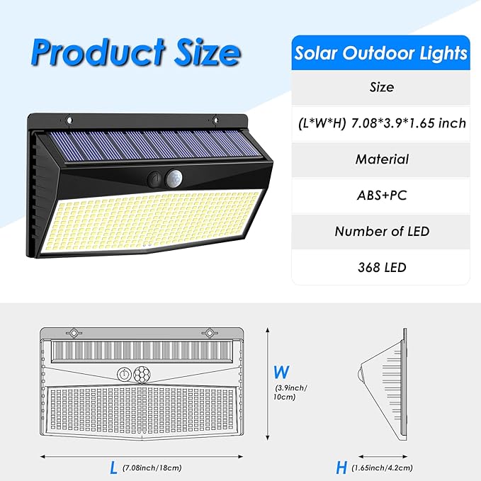 368 LED Solar Motion Sensor Lights Outdoor, Solar Fence Lights with 3 Lighting Modes, Solar Powered Security Lights Waterproof for Outside Yard Wall Garden Backyard Step, Warm White