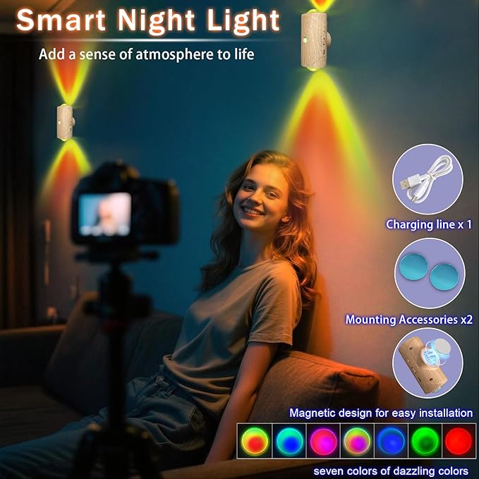 LED Wireless Wall Sconce with 7 Colors Changing, Motion Sensor Light Indoor, 1500mAh Rechargeable Battery Operated Wall Sconces for Bedroom Bedside Hallway Courtyard Doorway (Wood-Colored)
