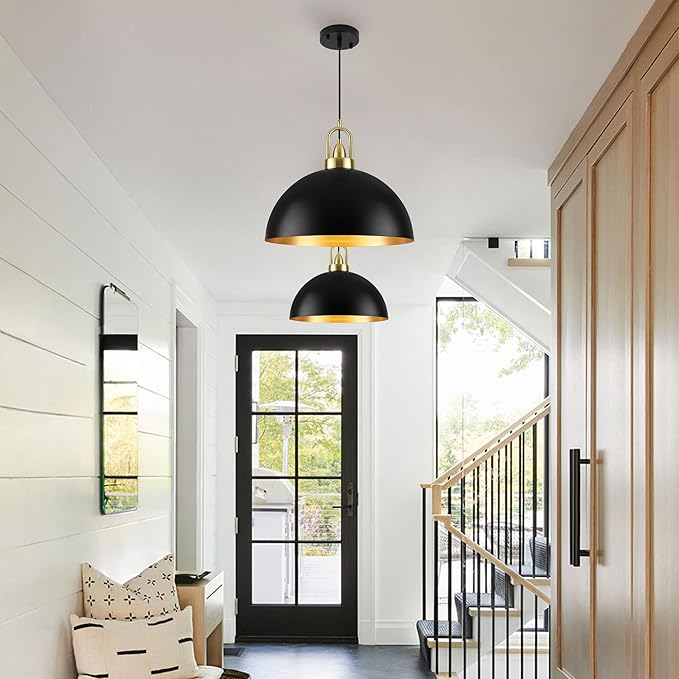 12'' Black Pendant Lights for Kitchen Island Lighting, 2-Pack Modern Farmhouse Industrial Dome Hanging Ceiling Pendant Lighting Fixture for Dining Room, Bar, Living Room