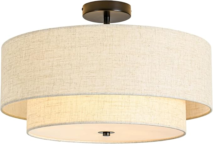 4-Light Semi Flush Mount Ceiling Light, 19.7" Double Drum Ceiling Light Fixture with Linen Fabric Shade, Modern Black Ceiling Light for Dining Room, Living Room, Bedroom, Kitchen, Hallway, Entryway