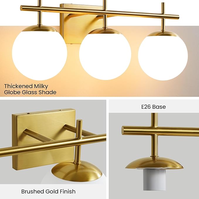 AIJIASI Gold Bathroom Light Fixtures, 3-Light Bathroom Vanity Light Over Mirror, Modern Vanity Lighting Fixtures with Milky White Globe Glass Shade, 22.4 inch Wall Sconce Light (Exclude E26 Bulb)