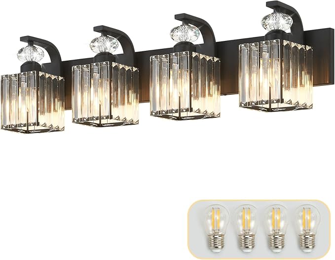 Modern Bathroom Vanity Light, 4-Light Black Bathroom Lighting Fixtures Over Mirror, 28.4" Crystal Wall Light Sconce for Bathroom/Bedroom/Vanity, Includes LED Bulbs, Easy Installation