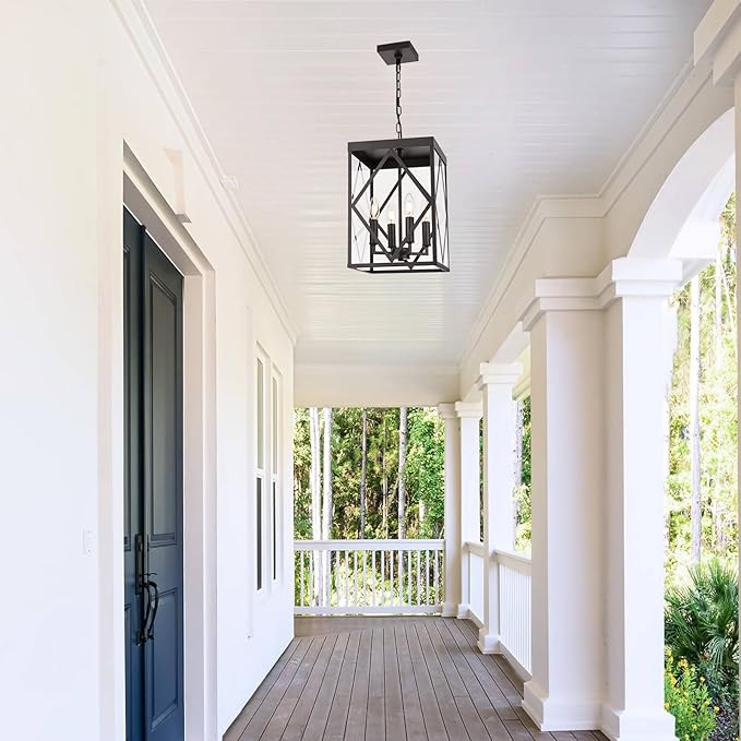15.7'' Outdoor Pendant Lighting Fixtures 4-Light Outdoor Chandelier Oil Rubbed Bronze Exterior Hanging Porch Light Fixtures w/Glass Shade Outside Pendant Lantern for Front Porch Balcony Foyer