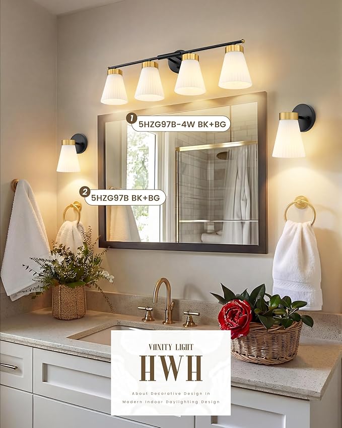 4-Light Bathroom Light Fixture, HWH 32 Inch Vanity Lights Over Mirror, Modern Sconce Wall Lighting with Frosted Milk White Striped Glass, Black and Gold Finish, 5HZG97B-4W BK+BG